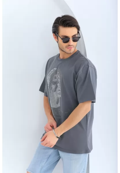 Unisex Oversize Taşlı Bisiklet Yaka T-Shirt - Füme