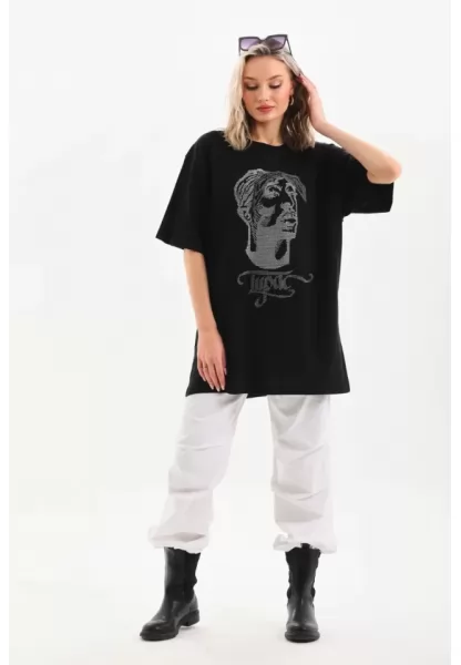 Unisex Taş Desenli Oversize T-Shirt - Siyah