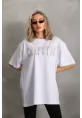 Unisex Taş Desenli Oversize T-Shirt - Beyaz