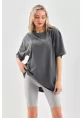 Unisex Taş Desenli Oversize T-Shirt - Füme