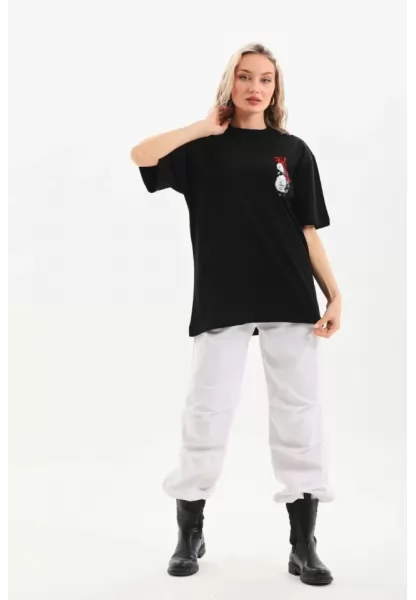 Unisex Baskılı Oversize T-Shirt - Siyah