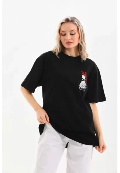 Unisex Baskılı Oversize T-Shirt - Siyah