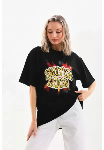 Unisex Baskılı Oversize T-Shirt - Siyah