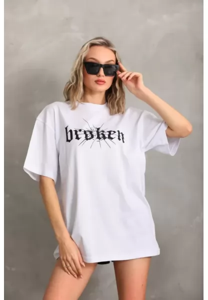 Unisex Baskılı Oversize T-Shirt - Beyaz