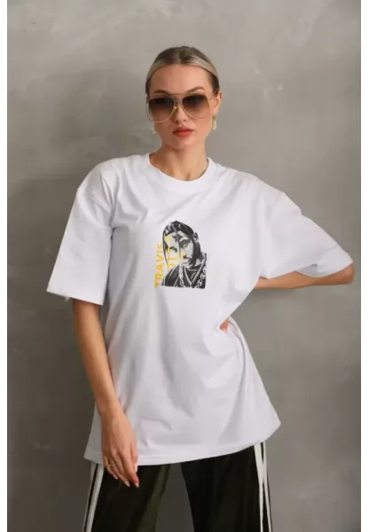 Unisex Baskılı Oversize T-Shirt - Beyaz