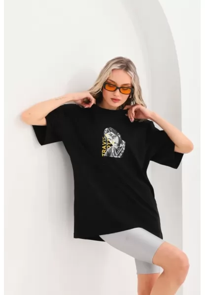 Unisex Baskılı Oversize T-Shirt - Siyah