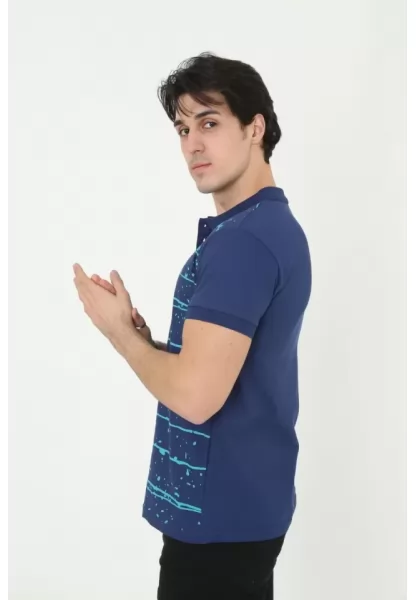 Erkek Yakalı Slim Fit Pike Çizgili T-Shirt - Mavi