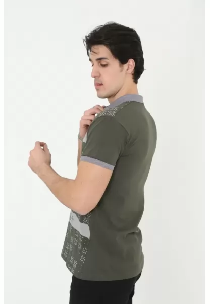 Erkek Yakalı Slim Fit Baskılı T-Shirt - Haki