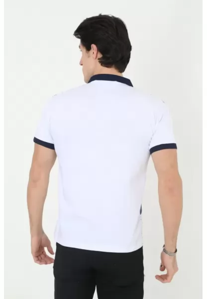 Erkek Yakalı Slim Fit Baskılı T-Shirt - Beyaz