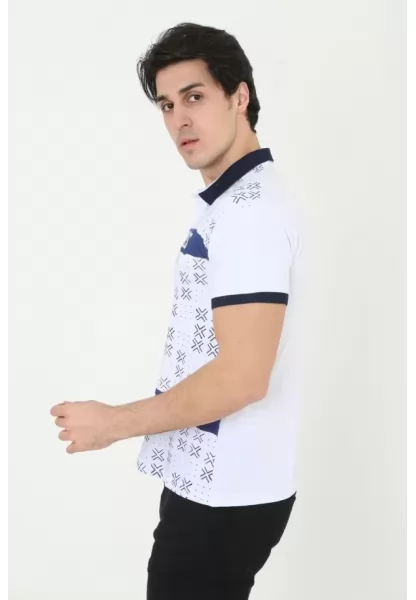 Erkek Yakalı Slim Fit Baskılı T-Shirt - Beyaz