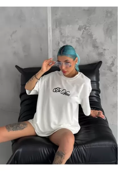 Unisex Baskılı Oversize T-Shirt - Beyaz