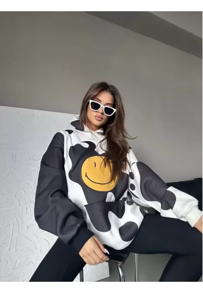 Smiley Face Kapüşonlu Sweatshirt - Siyah