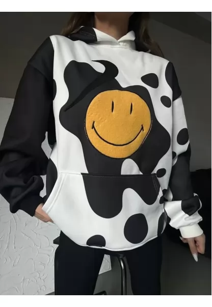 Smiley Face Kapüşonlu Sweatshirt - Siyah