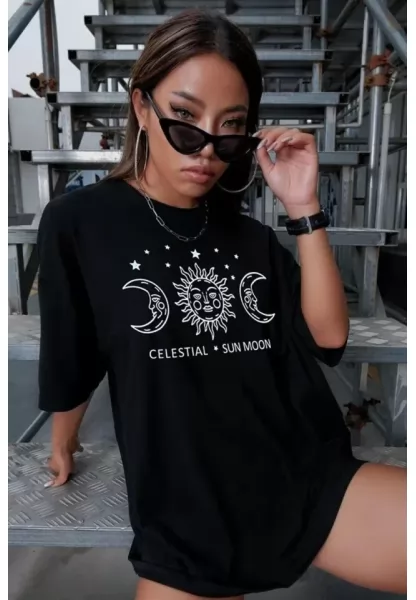 Unisex Baskılı Oversize T-Shirt - Siyah