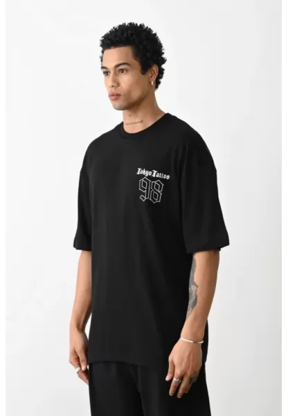 Unisex Baskılı Oversize T-Shirt - Siyah