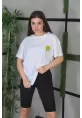 Unisex Bisiklet Yaka Baskılı Oversize T-Shirt - Beyaz