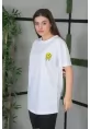 Unisex Bisiklet Yaka Baskılı Oversize T-Shirt - Beyaz