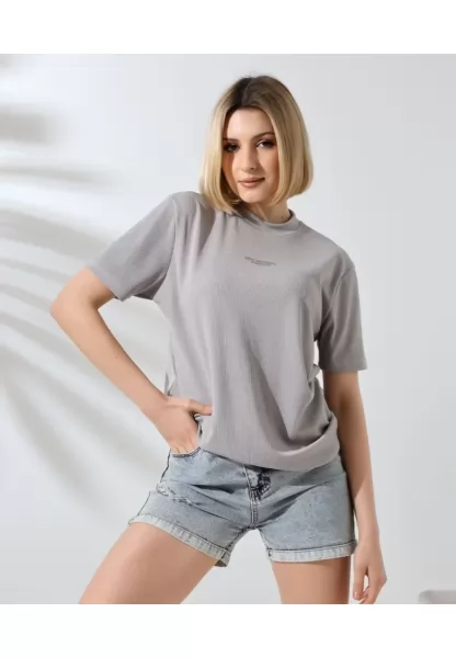 Unisex Bisiklet Yaka Baskılı Slim Fit T-Shirt - Boyalı Gri