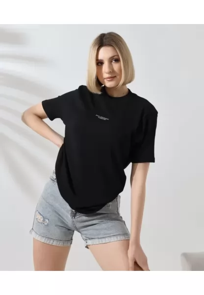 Unisex Bisiklet Yaka Baskılı Slim Fit T-Shirt - Siyah