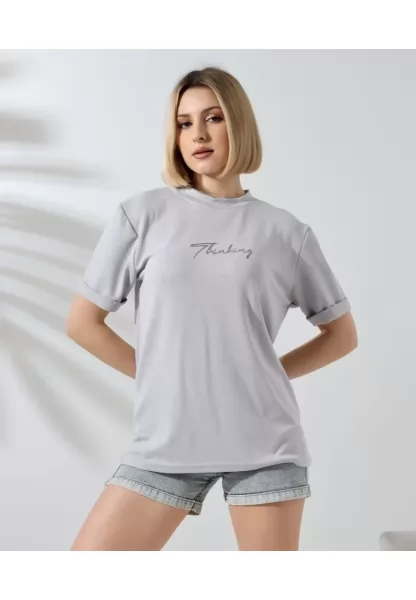 Unisex Bisiklet Yaka Baskılı Slim Fit T-Shirt - Boyalı Gri