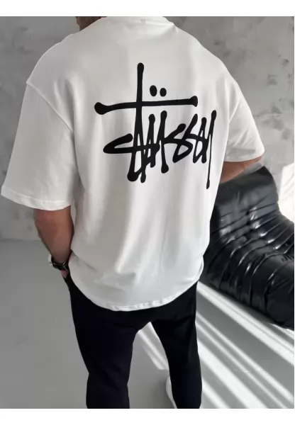 Unisex Bisiklet Yaka Baskılı Oversize T-Shirt - Beyaz