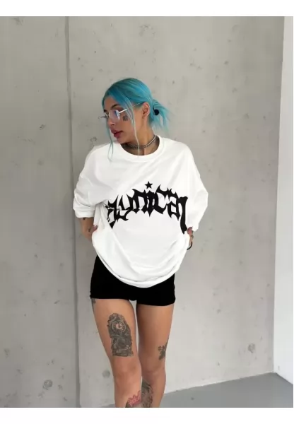 Unisex Bisiklet Yaka Baskılı Oversize T-Shirt - Beyaz