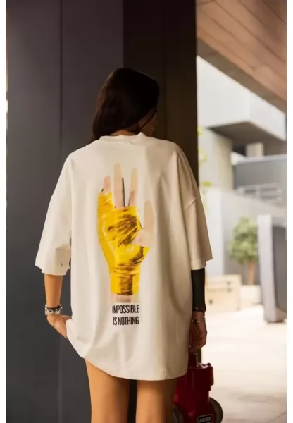 Unisex Bisiklet Yaka Baskılı Oversize T-Shirt - Beyaz