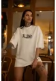 Unisex Bisiklet Yaka Baskılı Oversize T-Shirt - Beyaz