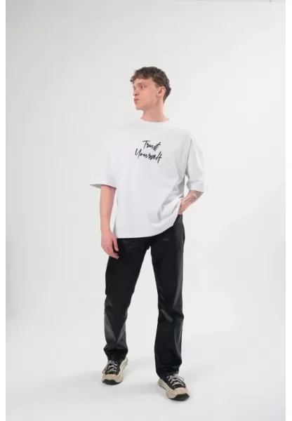 Unisex Bisiklet Yaka Baskılı Oversize T-Shirt - Beyaz