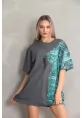 Unisex Bisiklet Yaka Baskılı Oversize T-Shirt - Gri