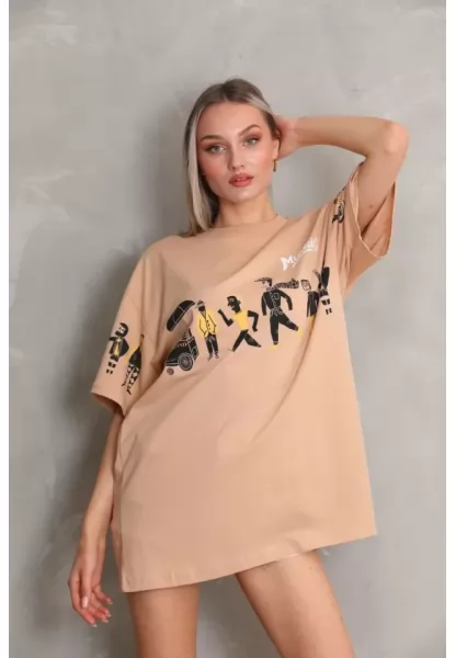 Unisex Bisiklet Yaka Baskılı Oversize T-Shirt - Bej