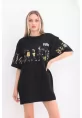 Unisex Bisiklet Yaka Baskılı Oversize T-Shirt - Siyah