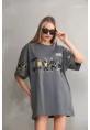 Unisex Bisiklet Yaka Baskılı Oversize T-Shirt - Gri