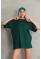 Unisex Bisiklet Yaka 20/1 Düz Oversize T-Shirt - Yeşil