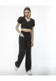 Kadin Keten Pantalon Ve Crop Takım - Siyah