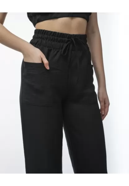 Kadin Keten Pantalon Ve Crop Takım - Siyah