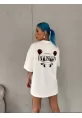 Unisex Bisiklet Yaka Baskılı Oversize T-Shirt - Beyaz