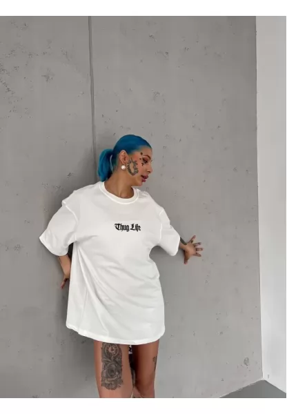 Unisex Bisiklet Yaka Baskılı Oversize T-Shirt - Beyaz