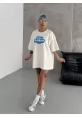 Unisex Bisiklet Yaka Baskılı Oversize T-Shirt - Beyaz