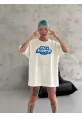 Unisex Bisiklet Yaka Baskılı Oversize T-Shirt - Beyaz