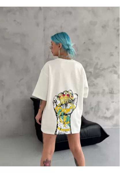 Unisex Bisiklet Yaka Baskılı Oversize T-Shirt - Beyaz