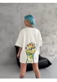 Unisex Bisiklet Yaka Baskılı Oversize T-Shirt - Beyaz