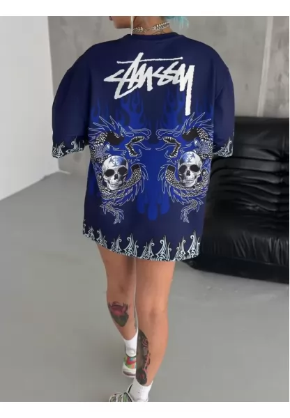 Unisex Bisiklet Yaka Baskılı Oversize T-Shirt - Lacivert