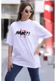 Unisex Bisiklet Yaka Baskılı Oversize T-Shirt - Beyaz