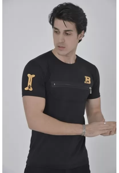 Unisex Göğüs Fermuarlı Baskılı T-Shirt - Siyah