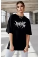 Unisex Bisiklet Yaka Baskılı Oversize T-Shirt - Siyah