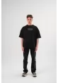 Unisex Bisiklet Yaka Baskılı Oversize T-Shirt - Siyah