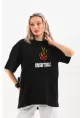 Unisex Bisiklet Yaka Baskılı Oversize T-Shirt - Siyah