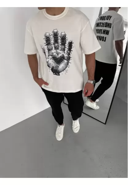 Unisex Bisiklet Yaka Baskılı Oversize T-Shirt - Beyaz