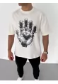 Unisex Bisiklet Yaka Baskılı Oversize T-Shirt - Beyaz